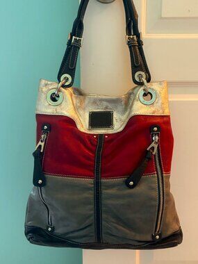 B Makowsky Color-Block Leather Handbag Silver Hardware EUC